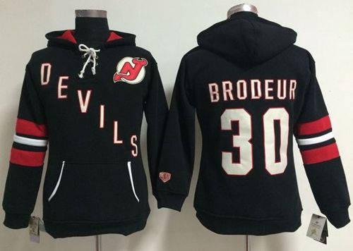 New Jersey Devils #30 Martin Brodeur Black Women's Old Time Heidi NHL Hoodie - Click Image to Close
